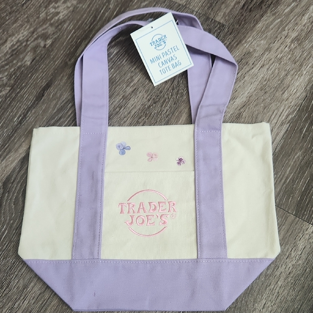 Trader Joe's Mini Pastel Purple Canvas Tote With Floral Design